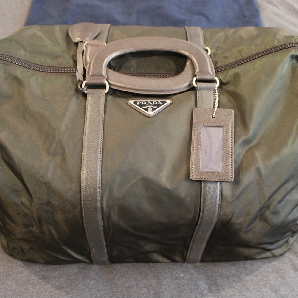 Prada Men's Army Green Nylon and Saffiano Leather Large Duffel Bag
